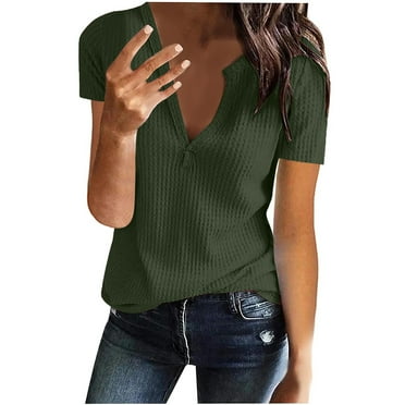 Womens V-neck Short Sleeve Solid Color Loose Casual T-shirt
