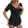 thumbnail image 1 of Womens V-neck Solid Blouses And Tops Short Sleeve Drawstring Shirts And Tops Black,S, 1 of 6