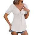 thumbnail image 1 of Womens V-neck Solid Blouses And Tops Short Sleeve Drawstring Shirts And Tops White,L, 1 of 6