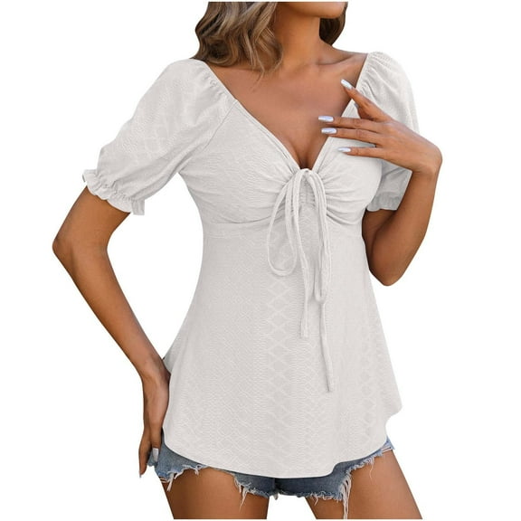 Womens V-neck Solid Blouses And Tops Short Sleeve Drawstring Shirts And Tops White,XL