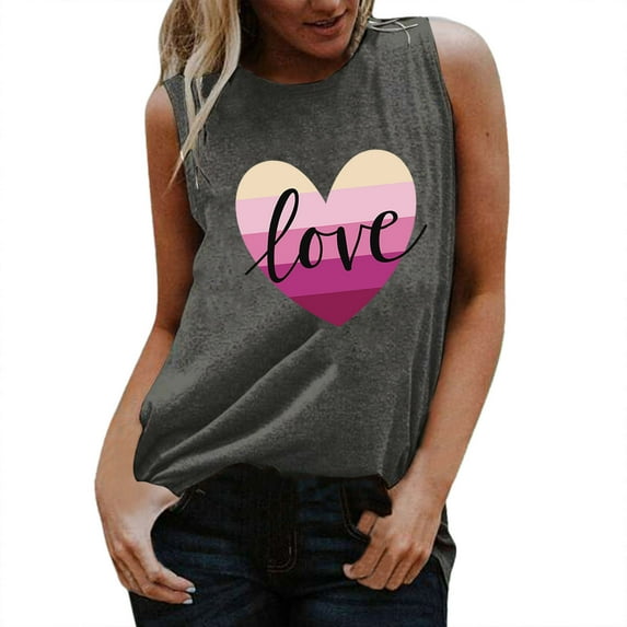 Womens Valentine Day Heart Love Print Tee Sleeveless Round Neck T-shirt Vest Tee Blouse Casual Tank Tops