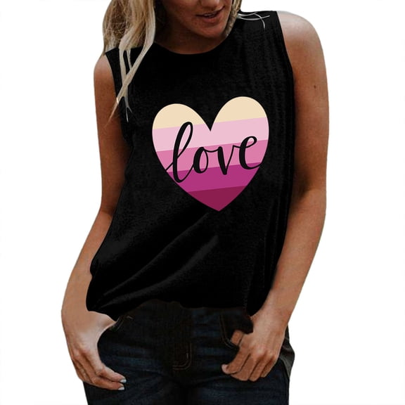 Womens Valentine Day Heart Love Print Tee Sleeveless Round Neck T-shirt Vest Tee Blouse Casual Tank Tops