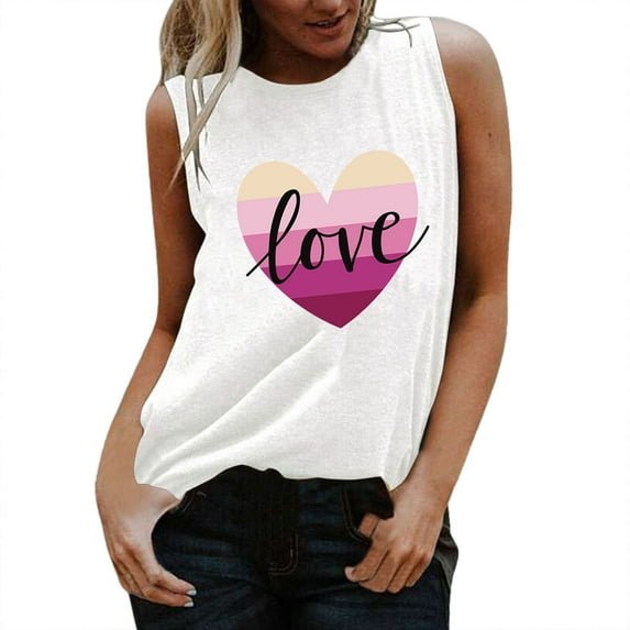 Womens Valentine Day Heart Love Print Tee Sleeveless Round Neck T-shirt Vest Tee Blouse Casual Tank Tops