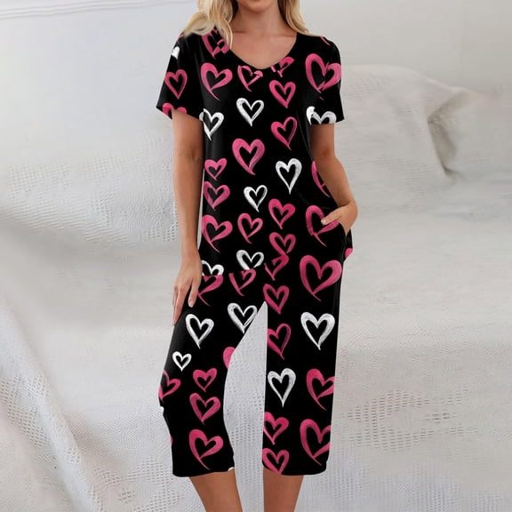 Womens Valentine Day Pajamas Set 2026 Lounge Heart Printed Plus Size Short Sleeve and Capri Trousers Sets with Pockets