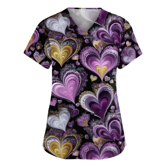 Womens Valentine Day Scrub Tops Love Heart Print Short Sleeve Cute Quick Dry Scrub Tops Nursing V Neck Plus Size Scrubs with Pockets Light Purple 3XL