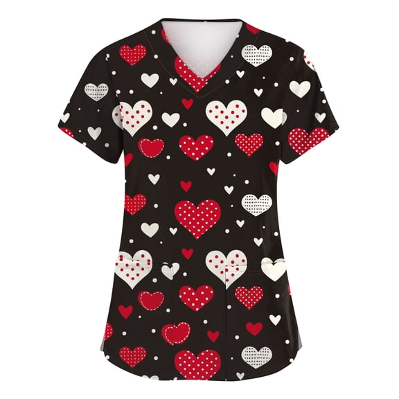 Womens Valentine Day Scrub Tops Love Heart Print Short Sleeve Cute Quick Dry Uniform Plus Size V Neck Nursing Scrubs with Pockets Red XL