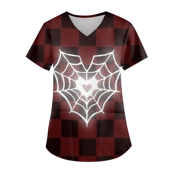 Womens Valentine Day Scrub Tops Love Heart Print Short Sleeve Medical Plus Size Scrub Tops Nursing V Neck Cute Workwear with Pockets Brown XL