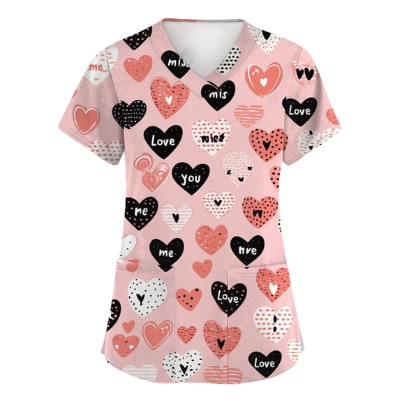 Valentine Day Scrub Tops for Women Love Heart Print V Neck Quick Dry Medical Scrubs Plus Size Short Sleeve Cute Uniform with Pockets