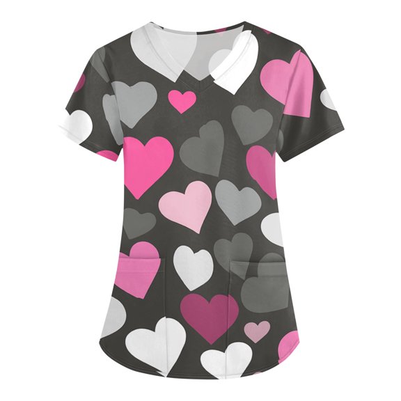 Womens Valentine Day Scrub Tops Love Heart Print V Neck Cute Medical Scrubs Plus Size Short Sleeve Nursing Scrub Tops with Pockets Hot Pink L