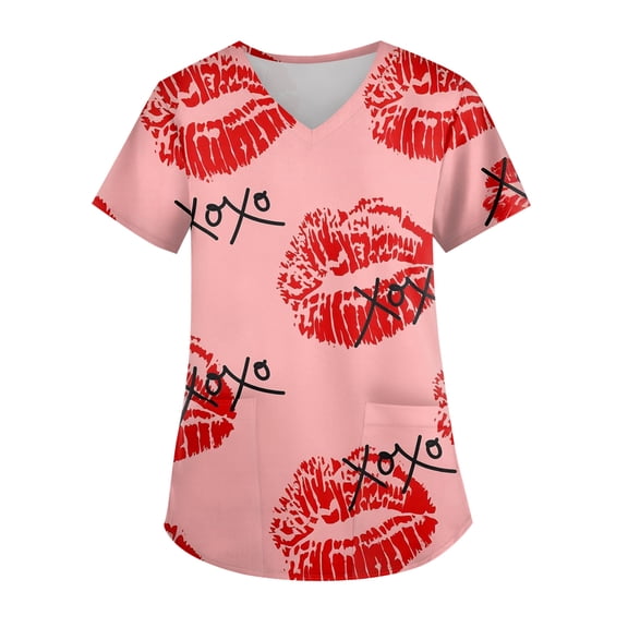 Womens Valentine Day Scrub Tops Love Heart Print V Neck Nursing Medical Uniform Plus Size Short Sleeve Quick Dry Scrubs with Pockets Pink 3XL