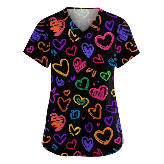 Womens Valentine Day Scrub Tops Love Heart Print V Neck Plus Size Quick Dry Scrub Tops Cute Short Sleeve Nursing Workwear with Pockets Earthy Yellow 3XL