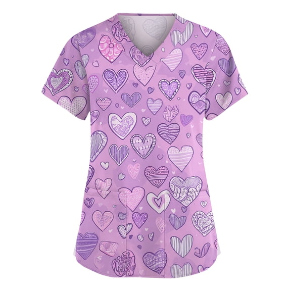 Womens Valentine Day Scrub Tops Love Heart Print V Neck Quick Dry Cute Scrubs Plus Size Short Sleeve Nursing Uniform with Pockets Purple Pink S