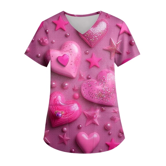 Womens Valentine Day Scrub Tops Love Heart Print V Neck Quick Dry Nursing Scrub Tops Cute Short Sleeve Plus Size Scrubs with Pockets Hot Pink 3XL