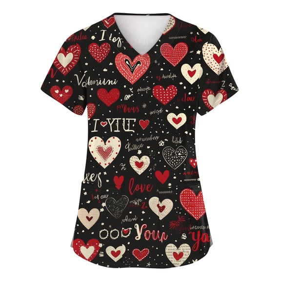 Womens Valentine Day Scrub Tops Love Heart Print Short Sleeve Cute Medical Scrub Tops Quick Dry V Neck Plus Size Workwear with Pockets