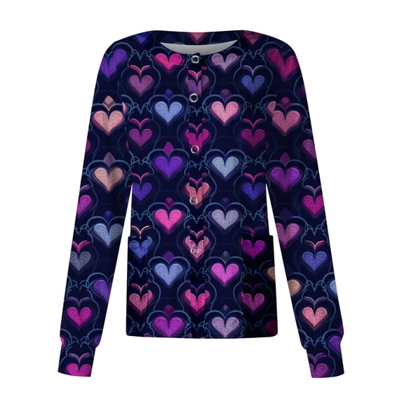 Womens Valentine Day Scrubs Button Down Love Heart Print Medical Scrubs V Neck Short Sleeve Plus Size Nursing Uniforms with Pockets Dark Blue M