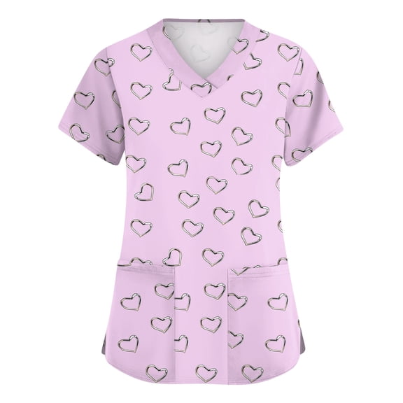 Womens Valentine Day Scrubs Love Heart Print Cute V Neck Medical Scrubs Short Sleeve Nursing Quick Dry Scrub Tops with Pockets Purple 3XL