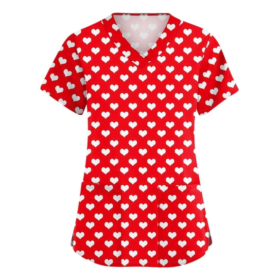 Womens Valentine Day Scrubs Love Heart Print Medical V Neck Plus Size Scrub Tops Short Sleeve Nursing Quick Dry Scrubs with Pockets Red 3XL