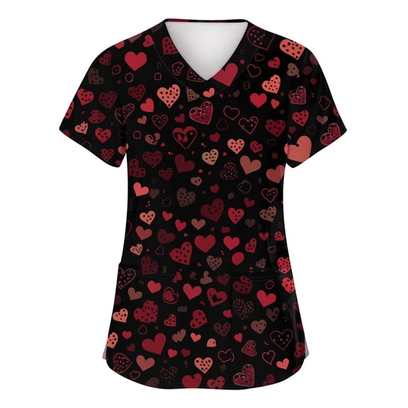 Womens Valentine Day Scrubs Love Heart Print Nursing V Neck Plus Size Scrub Tops Short Sleeve Quick Dry Medical Scrubs with Pockets Deep Red S