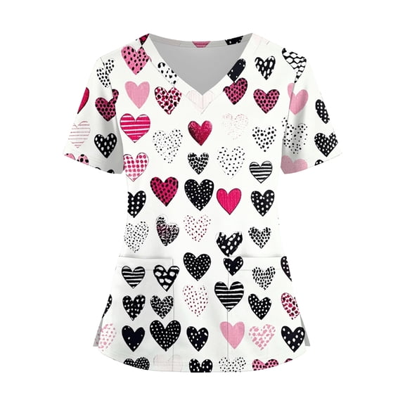Womens Valentine Day Scrubs Love Heart Print Short Sleeve Medical Workwear V Neck Cute Nursing Nursing Top with Pockets White M
