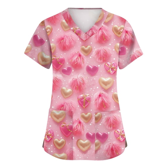 Womens Valentine Day Scrubs Short Sleeve Cute V Neck Plus Size Scrub Tops Love Heart Print Medical Nursing Uniforms with Pockets Hot Pink 3XL