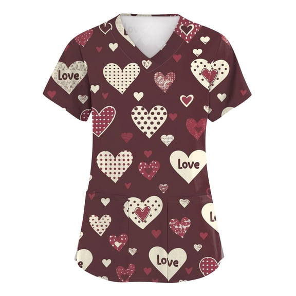 Womens Valentine Day Scrubs Short Sleeve Plus Size V Neck Cute Uniforms Love Heart Print Medical Nursing Scrub Tops with Pockets Vermilion 2XL