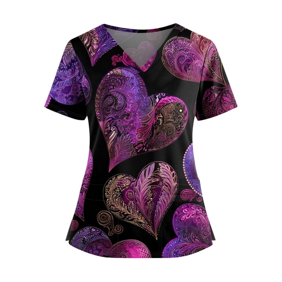 Womens Valentine Day Scrubs Short Sleeve Quick Dry Love Heart Print Medical Scrub Tops V Neck Cute Plus Size Uniforms with Pockets Dark Purple L