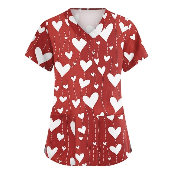 Womens Valentine Day Scrubs V Neck Cute Love Heart Print Nursing Scrub Tops Short Sleeve Medical Quick Dry Uniforms with Pockets Wine 3XL