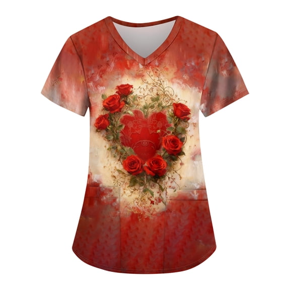 Womens Valentine Day Scrubs V Neck Short Sleeve Nursing Workwear Love Heart Print Medical Quick Dry Nursing Top with Pockets Wine 3XL