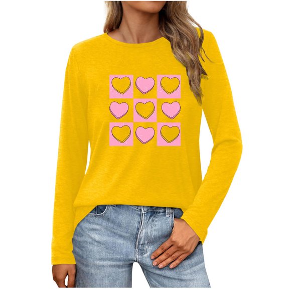 Womens Valentine Day Shirts Casual Heart Long Sleeve Going Out Tops Pullover Loose Spring Holiday Valentines Outfits, S Yellow