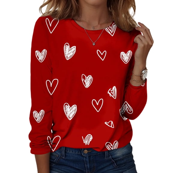 Womens Valentine Day Shirts Crew Neck Love Heart Print Fashion T Shirts Long Sleeve Funny Loose Graphic Tee Watermelon Red S
