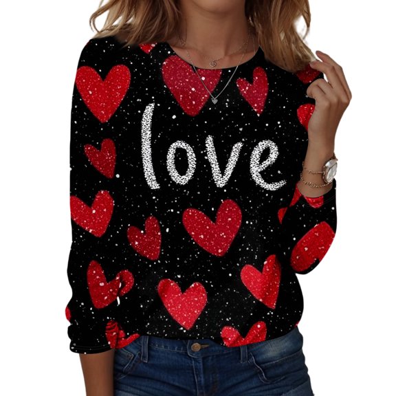 Womens Valentine Day Shirts Crew Neck Love Heart Print Funny Tunic Tops Long Sleeve Fashion Loose T Shirts Wine XL