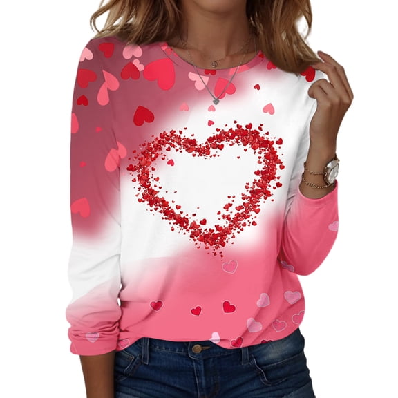 Womens Valentine Day Shirts Crew Neck Love Heart Print Loose Graphic Tee Long Sleeve Casual Funny Tops Light pink S