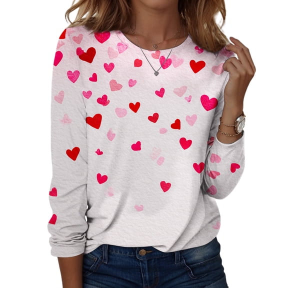 Womens Valentine Day Shirts Long Sleeve Love Heart Print Cute T Shirts Crew Neck Plus Size Fashion Tunic Tops Deep Red S