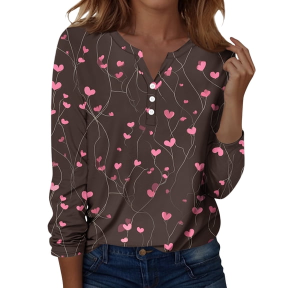 Womens Valentine Day Shirts Love Heart Print Long Sleeve Casual Tops V Neck Cute Loose T Shirts Wine L