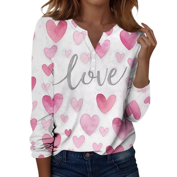 Womens Valentine Day Shirts Love Heart Print Long Sleeve Loose Graphic Tee V Neck Funny Fashion Tops Hot Pink L