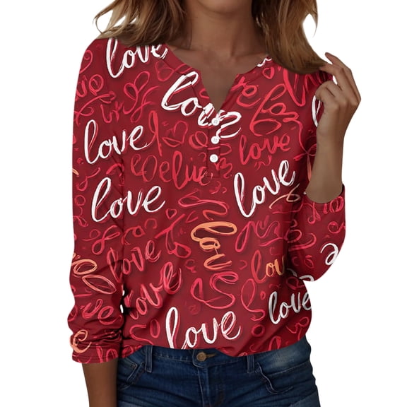 Womens Valentine Day Shirts Love Heart Print V Neck Funny T Shirts Long Sleeve Plus Size Loose Tops Vermilion L