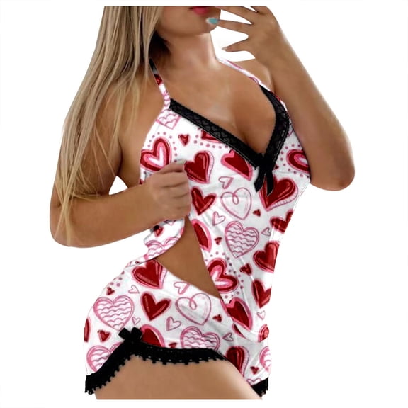 Womens Valentine Pajamas V Neck 2 Piece Sleeveless Suspender Camisole Tops And Shorts Heart Print Loungewear Love Couple Date Festive Gifts Valentines Date Night Outfits
