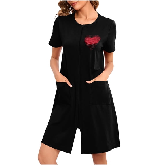 Womens Valentine Robes Short Sleeves Zipper House Coat Heart Print Zip Up Robes Lightweight Nightgown with Pockets