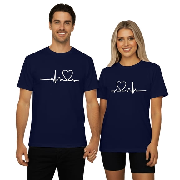 Womens Valentine'S Day Graphic Heartbeat Print Crew Neck Short Sleeve Ladies Clothing,Navy,L