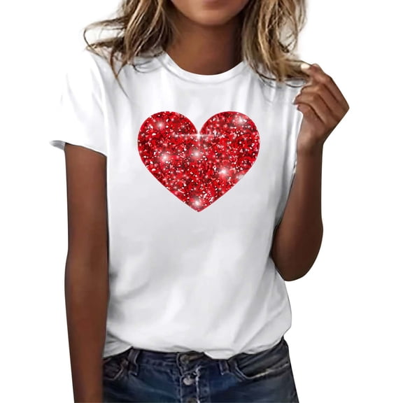 Womens Valentine'S Day Pullover Fashion Short Sleeve Print Round Neck Daily Wear Womens Clothing,White,M