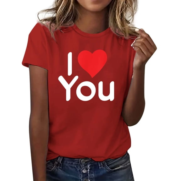Womens Valentine'S Day Shirts Blouses Fashion Print Short Sleeve Crew Neck Comfortable Womens Activewear,Red,L
