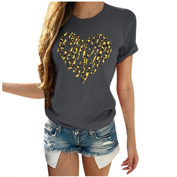 Womens Valentine'S Day Shirts Blouses Short Sleeve Print O Neck Heart-Shaped Festivel Gifts for Women,Grey,3XL
