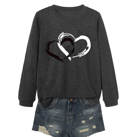 Womens Valentine'S Day Shirts Tops Base Layer Ideal for Everyday Wear Round Neck Long Sleeve Ladies Clothing,Grey,L