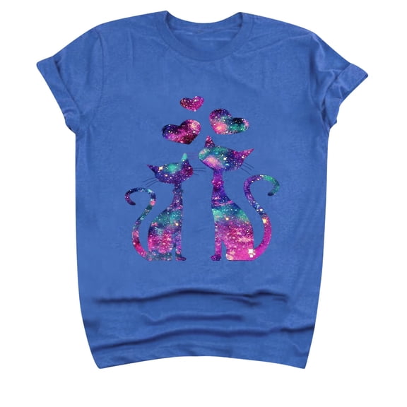 Womens Valentine'S Day Shirts Tops Color Blocked Round Neck Cat Print Petite Tops for Women,Blue,M