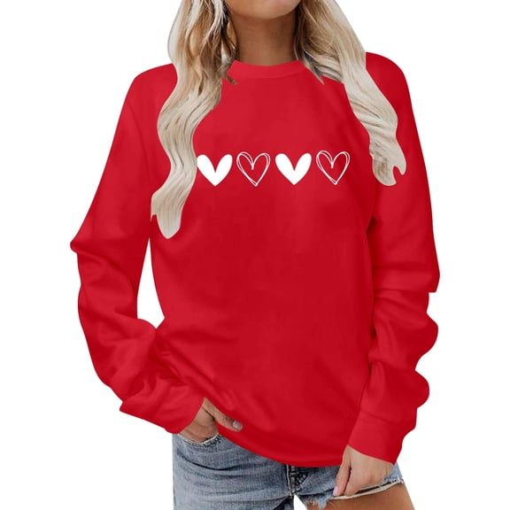 Womens Valentine'S Day T Shirts Blouses Print Long Sleeve Crewneck Cozy Soft Fleece Loungewear Sweaters for Womens,Red,L