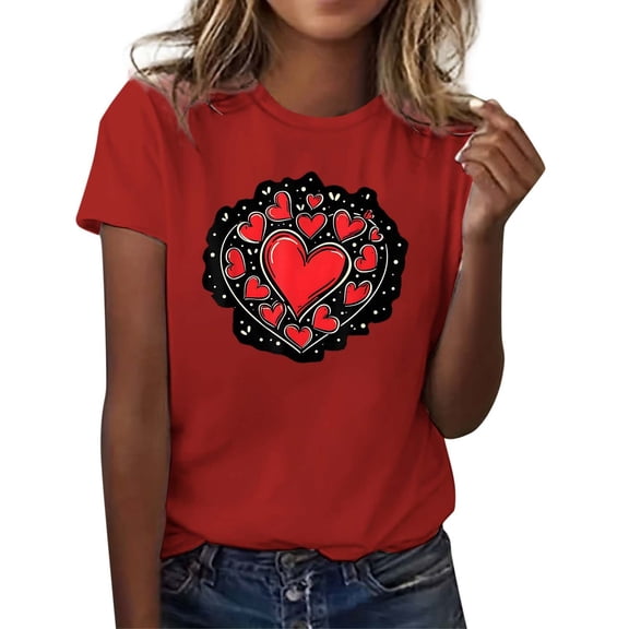 Womens Valentine'S Day Tee Fashion Short Sleeve Print Round Neck Daily Wear Business Casual,Red,L