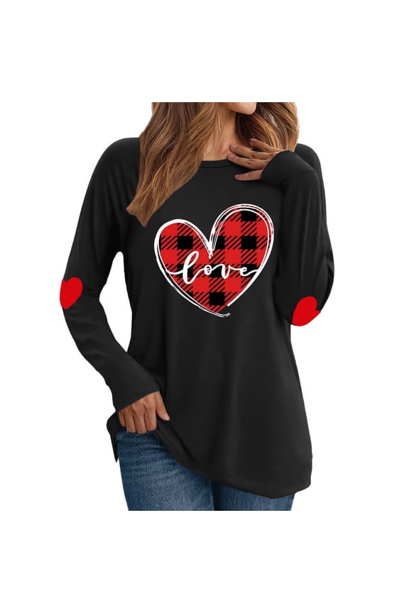 Womens Valentine'S Day Tops Blouses Long Sleeve Lover Heart Graphic Petite Tops for Women,Black,L