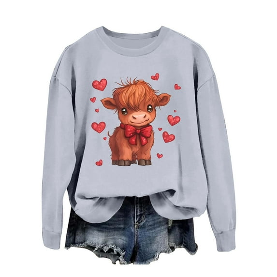 Womens Valentine'S Day Warm Hoodless Cow Sport Crew Neck Western Cute Print Long Sleeve Womens Warm Clothing,Light Gray,2XL