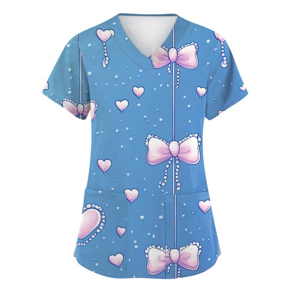 Womens Valentine Scrub Tops Short Sleeve V Neck Tshirts Fashion Valentines Shirt Graphic Tees Nursing Work Shirts Blue XXL