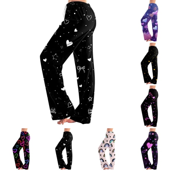 Womens Valentine Sleep Pants Cute Heart Print Pajama Pants Comfortable Wide Leg Lounge Pants High Waisted Pajama Bottoms for Home Wear Gold XL